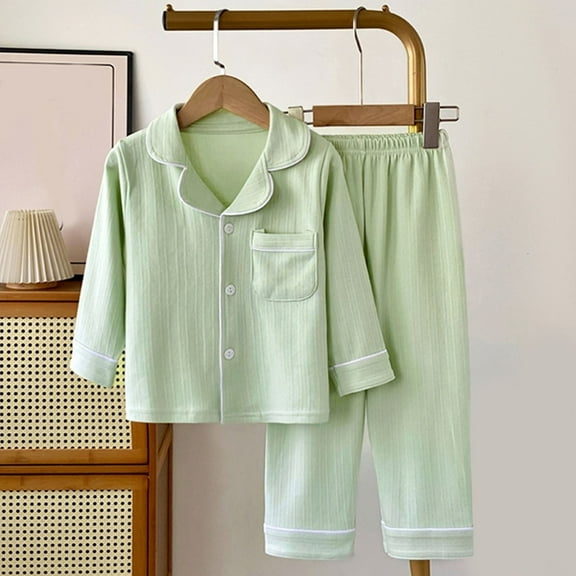JUSLIO 3-16Y Boys Girls Pajama Sets Cotton Warm Collar Pajamas for Girls Homewear Pants Sleepwear Jammies 2PC Pjs Green
