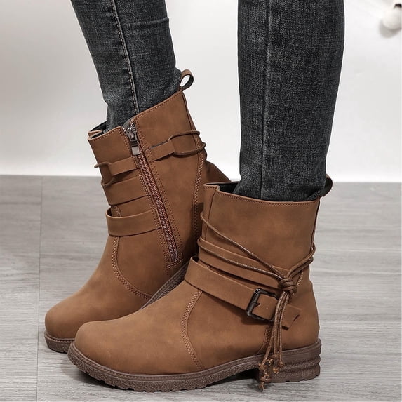JUSLIO Boots for Women,Chunky Heel Boots Fashion Casual Mid Calf Boots Comfort Solid Color Lightweight Boots Plus Size Boots