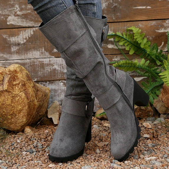 JUSLIO Boots for Women Chunky Heel Boots Fashion Casual Zipper Slip on Mid Calf Boots Comfort Solid Color Lightweight Boots Womens Boots