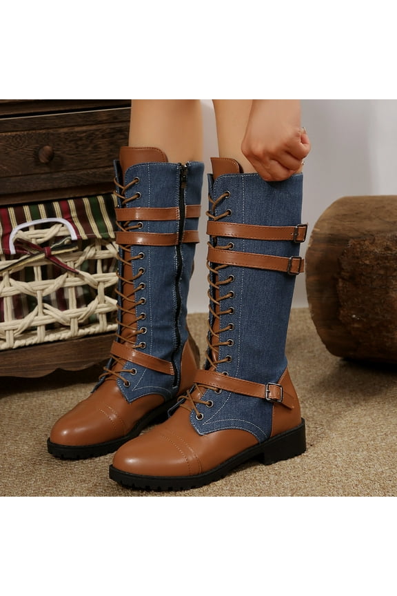 Boots for Women Chunky Heel Boots Fashion Casual Slip On Mid Calf Boots Comfort Solid Color Round Toe Plus Size Boots