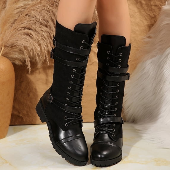 JUSLIO Boots for Women Chunky Heel Boots Fashion Casual Slip On Mid Calf Boots Comfort Solid Color Round Toe Plus Size Boots