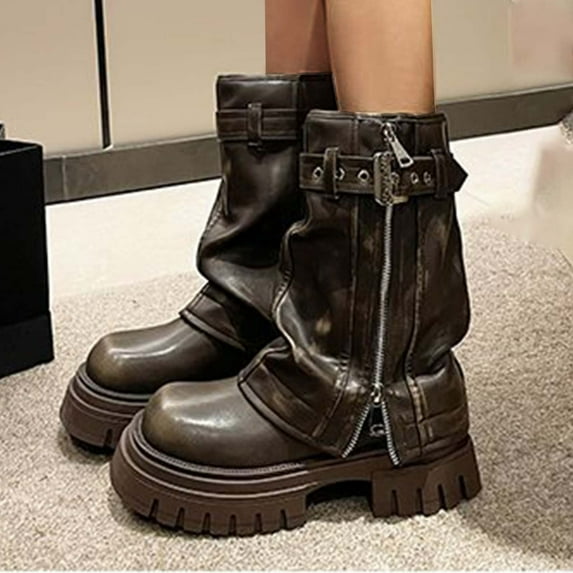 JUSLIO Boots for Women Chunky Heel Boots Fashion Casual Slip On Platform Comfort Solid Color Mid Calf Boots Womens Boots