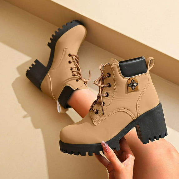 JUSLIO Boots for Women Chunky Heel Boots Fashion Casual Slip On Platform Comfort Solid Color Mid Calf Boots Womens Boots