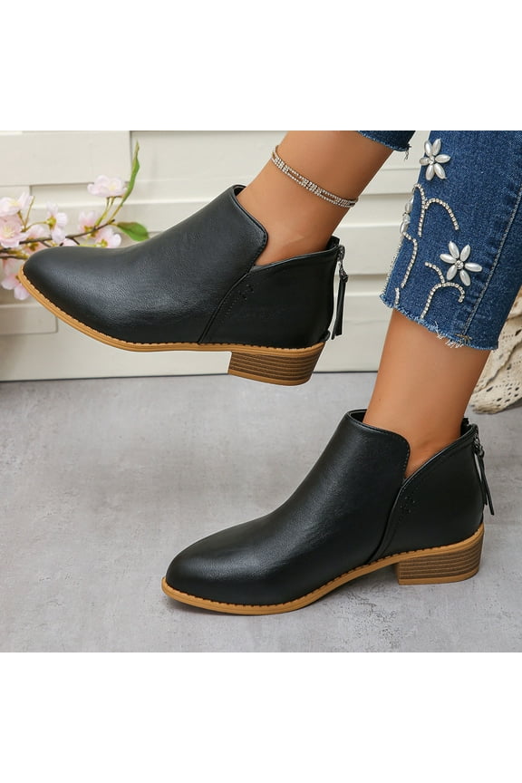Boots for Women Chunky Heel Boots Pointed Toe Ankle Boots Low Heels Fashion Casual Slip On Zipper Womens Boots