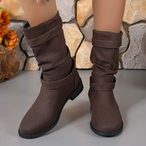 JUSLIO Boots for Women Chunky Heel Boots Round Toe Mid Calf Boots Fashion Casual Slip On Comfort Cowgirl Boots Womens Boots