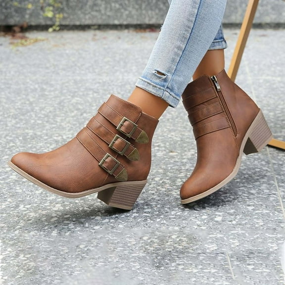 JUSLIO Boots for Women Chunky Heel Boots Round Toe Mid Calf Boots Fashion Casual Slip On Comfort Western Womens Boots