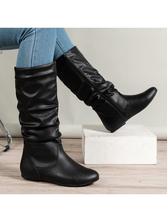 Boots for Women,Chunky Heel Boots Round Toe Mid Calf Boots Low Heels Ruched Zipper Plus Size Boots