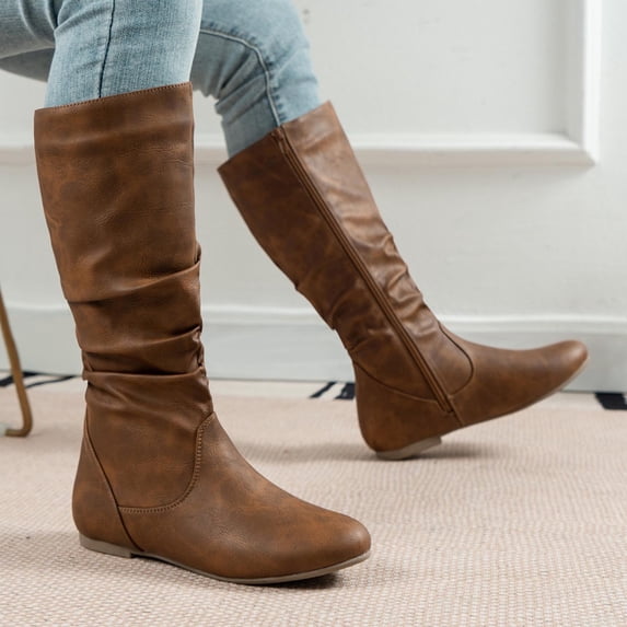 JUSLIO Boots for Women Chunky Heel Boots Round Toe Mid Calf Boots Low Heels Ruched Zipper Womens Boots