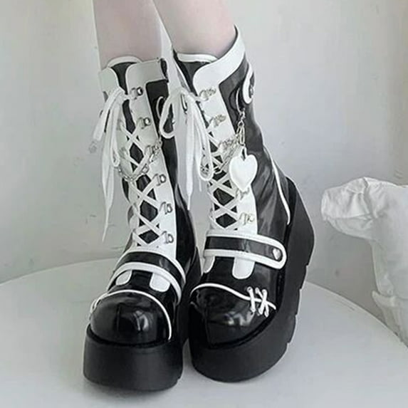 JUSLIO Boots for Women Chunky Heel Boots Round Toe Platform Fashion Casual Slip On Comfort Mid Calf Boots Womens Boots