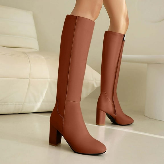 JUSLIO Boots for Women Chunky Heel Boots Zipper High Heel Fashion Casual Slip On Comfort Mid Calf Boots Plus Size Boots