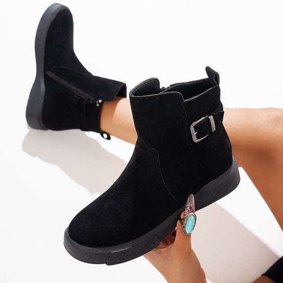 JUSLIO Boots for Women,Fleece Lined Mid Calf Warm Snow Boots,Slip on Winter Outdoor Shock Absorbing Solid Color Casual Boots