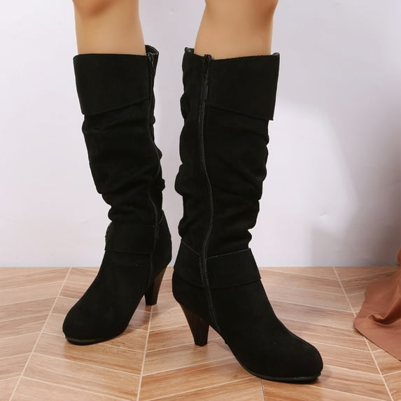 JUSLIO Boots for Women High Heel Fashion Casual Slip On Mid Calf Boots Comfort Solid Color Lightweight Boots Womens Boots