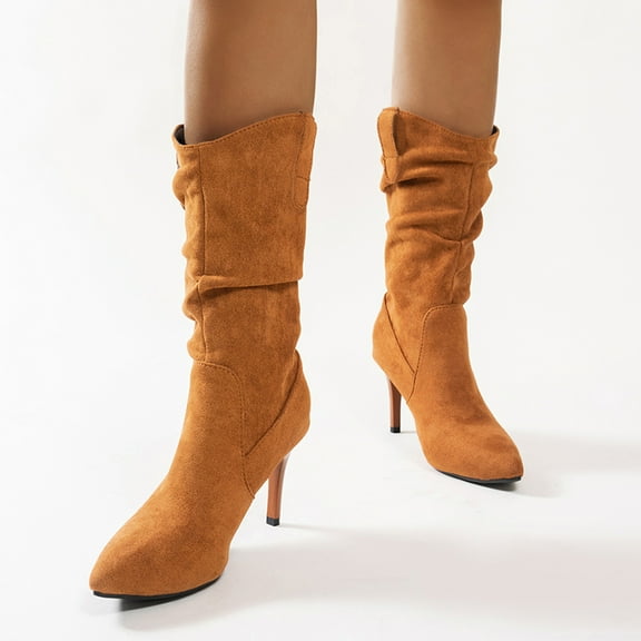 JUSLIO Boots for Women High Heel Fashion Casual Slip On Mid Calf Boots Comfort Solid Color Pointed Toe Womens Boots