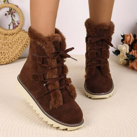 JUSLIO Boots for Women Lace Up Round Toe Mid Calf Boots Fashion Casual Slip On Comfort Snow Boots for Women Plus Size Boots