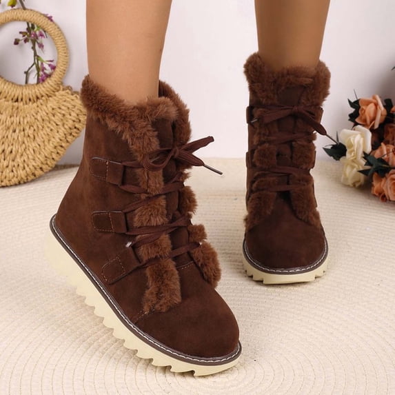 JUSLIO Boots for Women,Lace Up Round Toe Mid Calf Boots Fashion Casual Slip on Comfort Snow Boots for Women,Plus Size Boots