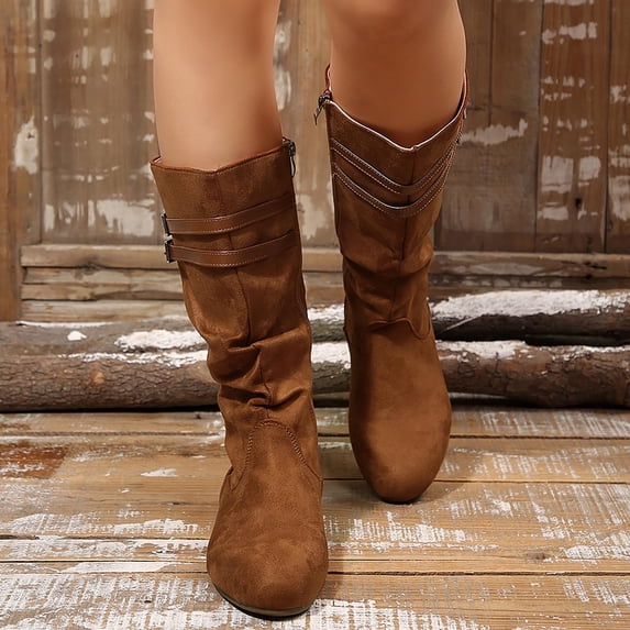 JUSLIO Boots for Women,Mid-Calf Round-Toe Slip-on Flat Buckle Strap Side Zipper Chelsea Boots