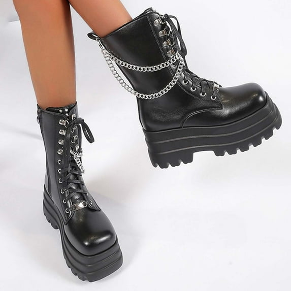 JUSLIO Boots for Women Platform Boots Fashion Casual Slip On Mid Calf Boots Comfort Solid Color Lightweight Boots Womens Boots