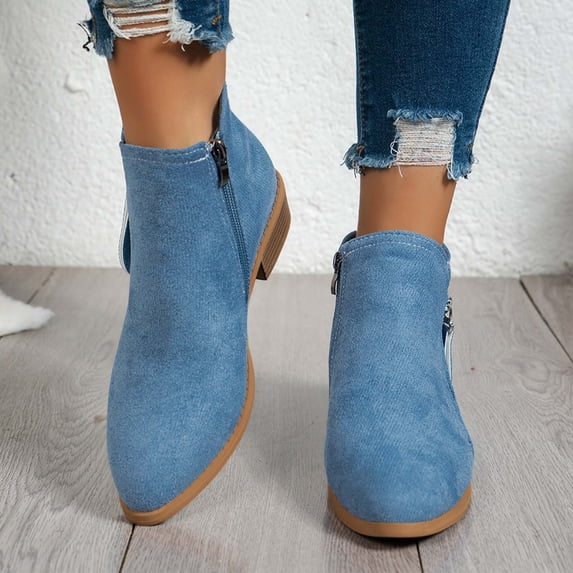 JUSLIO Boots for Women,Plus Size Low Heel Round Toe Mid Calf Boots,Slip on Outdoor Walking Stretchy Upper Solid Color Stylish Boots