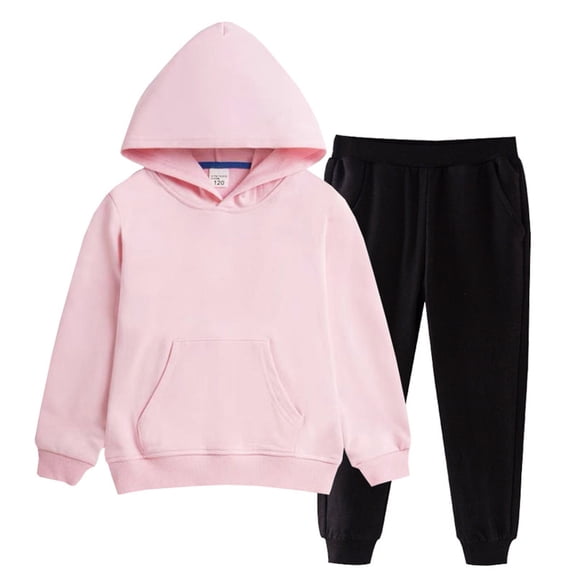 JUSLIO Boys Hoodies Cotton Solid Color Hooded Sweatshirt Unisex Pockets Long Sleeve Tops Sweatshirts+Sweatpants Pink(5-6 Years）
