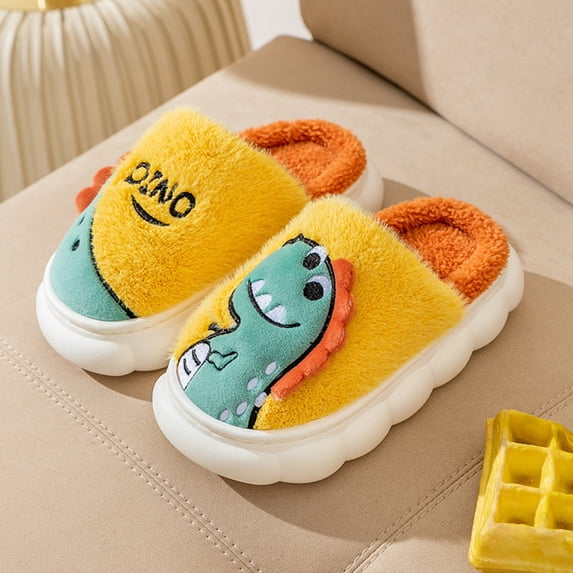 JUSLIO Boys House Slippers Cartoon Dinosaur Embroidery Wavy Thick Platform Sole Non Slip Kids Indoor House Slippers Closed Toe Slide Fuzzy Plush Slippers Yellow