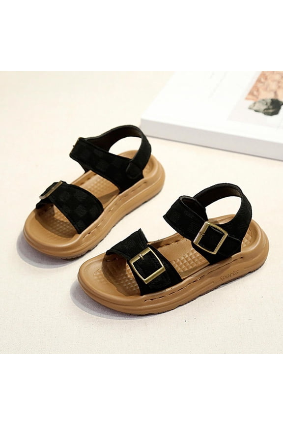 Boys Sandals Magic Tape Retro Sandals, Non-Slip Soft Sole Fuzzy Surface Toddler Shoes Black 8