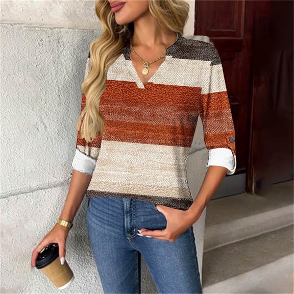 JUSLIO Button-Up Blouses for Women Casual Graphic Shirts Tops Fashion Long sleeve V Neck Shirts Tops Brown 2XL