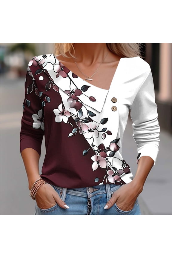 Button-Up Blouses for Women Irregular Print Graphic Shirts Tops Fashion Long sleeve Collar Shirts Tops Wine L
