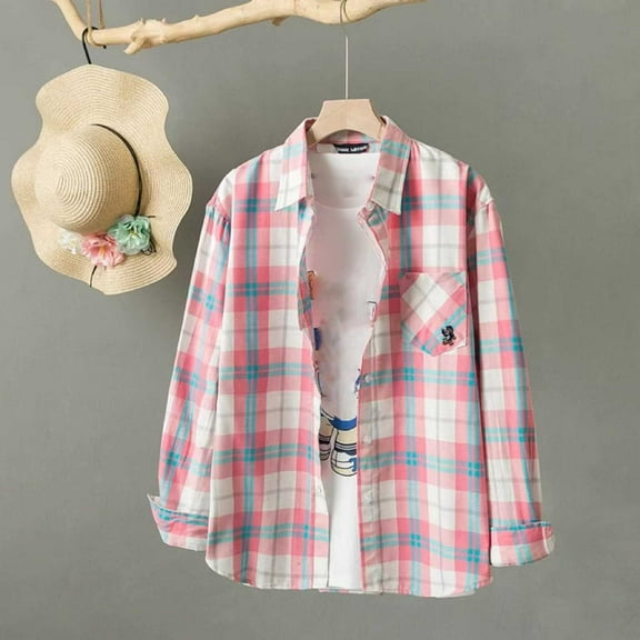JUSLIO Button-Up Blouses for Women Plaid Cotton Shirts Tops with Pockets Long sleeve Collar Shirts Tops Pink XL