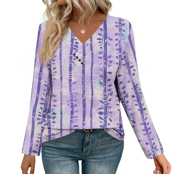 JUSLIO Button-Up Blouses for Women Pullover Graphic Shirts Tops Irregular Print Long sleeve V Neck Shirts Tops Purple XL(US:10)