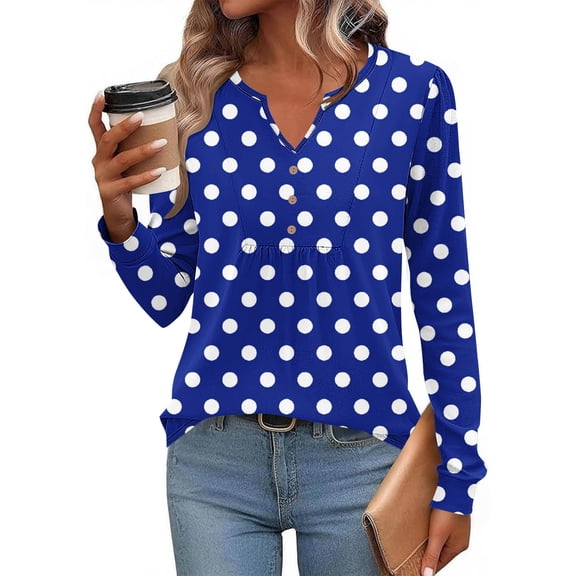 JUSLIO Button-Up Blouses for Women Relaxed Fit Graphic Shirts Tops Fashion Long sleeve V Neck Shirts Tops Blue S