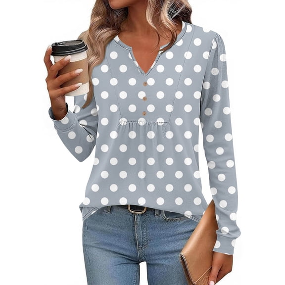 JUSLIO Button-Up Blouses for Women Relaxed Fit Graphic Shirts Tops Fashion Long sleeve V Neck Shirts Tops Gray L