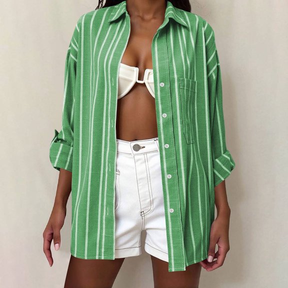 JUSLIO Button-Up Blouses for Women Striped Relaxed Fit Cardigans with Pockets Long sleeve Collar Cardigans Green L