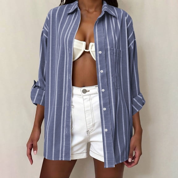 JUSLIO Button-Up Blouses for Women Striped Relaxed Fit Cardigans with Pockets Long sleeve Collar Cardigans Navy XL