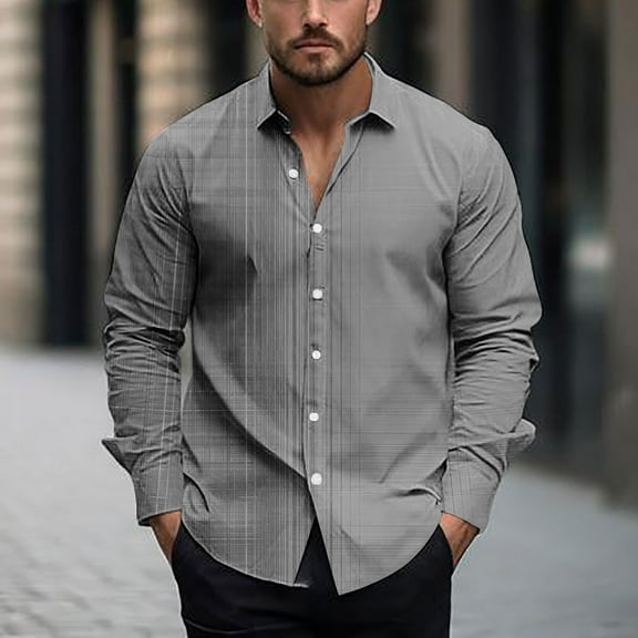 JUSLIO Button-Up Long Sleeve T Shirts for Men Casual Graphic Tops Fashion Long sleeve Tops Gray S