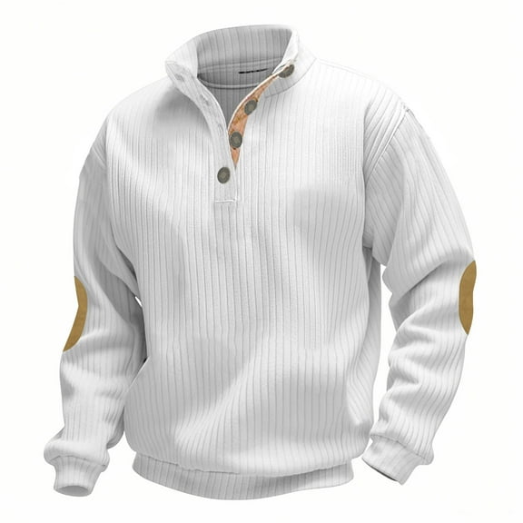 JUSLIO Button-Up Long Sleeve T Shirts for Men Casual Solid Tops Fashion Long sleeve Stand Collar Tops White L