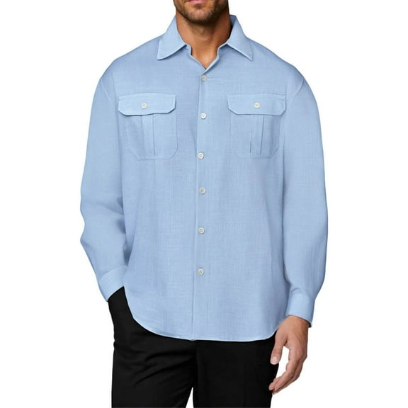 JUSLIO Button-Up Long Sleeve T Shirts for Men Cotton with Pockets Tops Fashion Long sleeve Collar Tops Light Blue XL