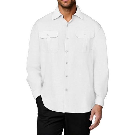 JUSLIO Button-Up Long Sleeve T Shirts for Men Cotton with Pockets Tops Fashion Long sleeve Collar Tops White XL
