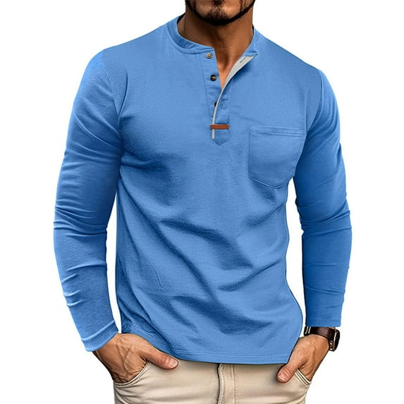 JUSLIO Button-Up Long Sleeve T Shirts for Men Cotton with Pockets Tops Solid Long sleeve Round Neck Tops Light Blue 2XL