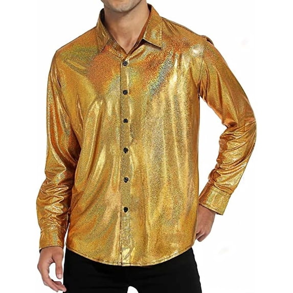 JUSLIO Button-Up Long Sleeve T Shirts for Men Dress Solid Tops Fashion Long sleeve Collar Tops Gold L