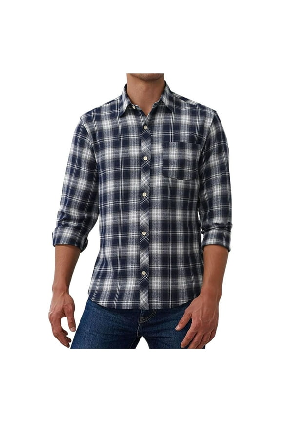 Button-Up Long Sleeve T Shirts for Men Plaid Casual Tops Fashion Long sleeve Collar Tops Navy 2XL