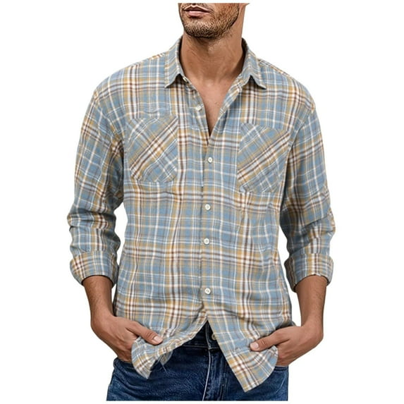 JUSLIO Button-Up Long Sleeve T Shirts for Men Plaid Casual Tops Fashion Long sleeve Collar Tops Yellow M