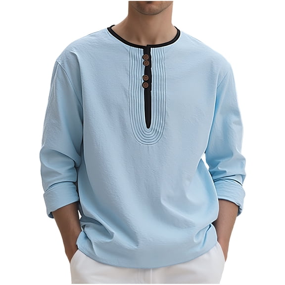 JUSLIO Button-Up Long Sleeve T Shirts for Men Relaxed Fit Solid Tops Fashion Long sleeve Round Neck Tops Light Blue L