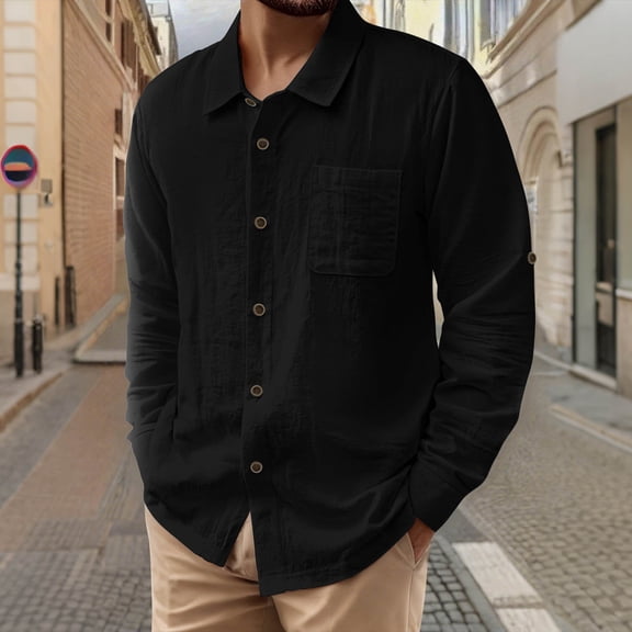 JUSLIO Button-Up Long Sleeve T Shirts for Men with Pockets Solid Cardigans Fashion Long sleeve Collar Cardigans Black XL