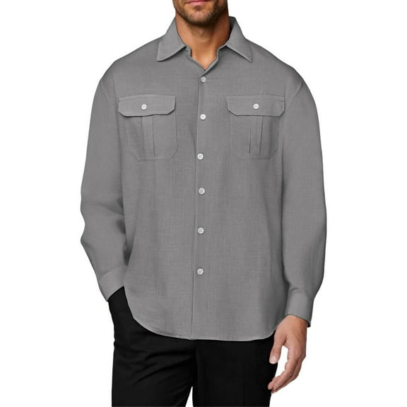 JUSLIO Button-Up Mens Shirts Cotton with Pockets Tops Fashion Long sleeve Collar Tops Gray L