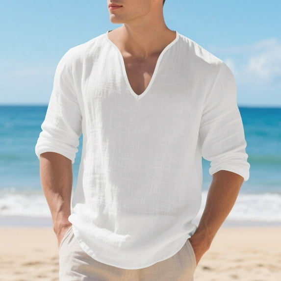 JUSLIO Button-Up Shirts for Men Casual Solid Tops Fashion Long sleeve Round Neck Tops White M