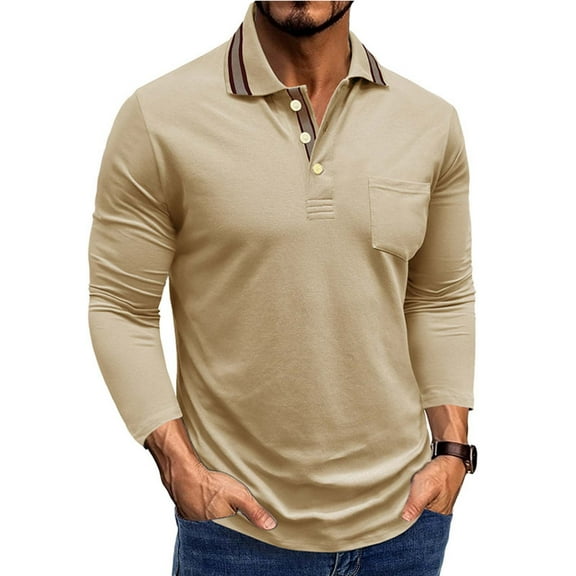 JUSLIO Button-Up Shirts for Men Cotton with Pockets Cardigans Fashion Long sleeve Collar Cardigans Khaki XL