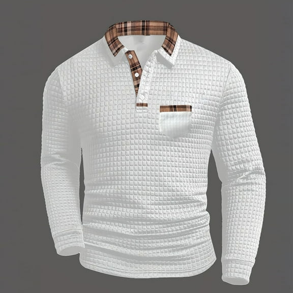 JUSLIO Button-Up Shirts for Men Plaid Pullover Sweatshirts with Pockets Long sleeve Collar Sweatshirts White XL