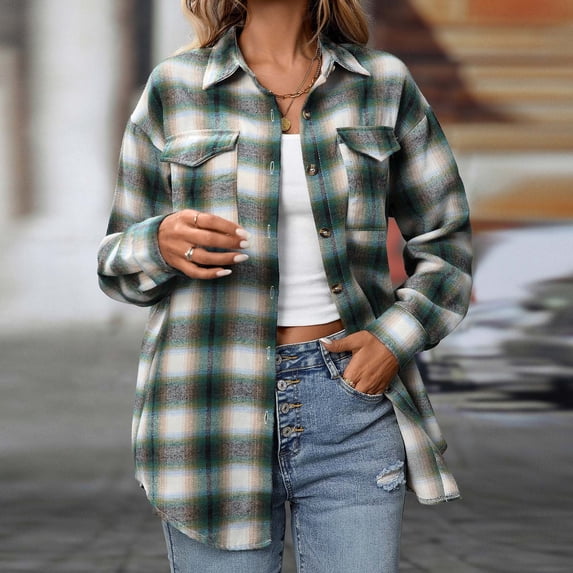 JUSLIO Button-Up Shirts for Women Plaid Cotton Blouses with Pockets Long sleeve Collar Blouses Green XL