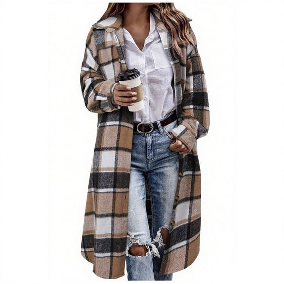 JUSLIO Button-Up Shirts for Women Plaid with Pockets Cardigans Irregular Print Long sleeve Collar Cardigans Brown L