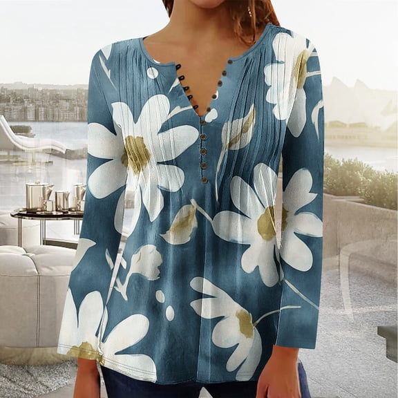 JUSLIO Button-Up Shirts for Women Pullover Graphic Blouses Ruched Long sleeve V Neck Blouses Multicolor 5XL